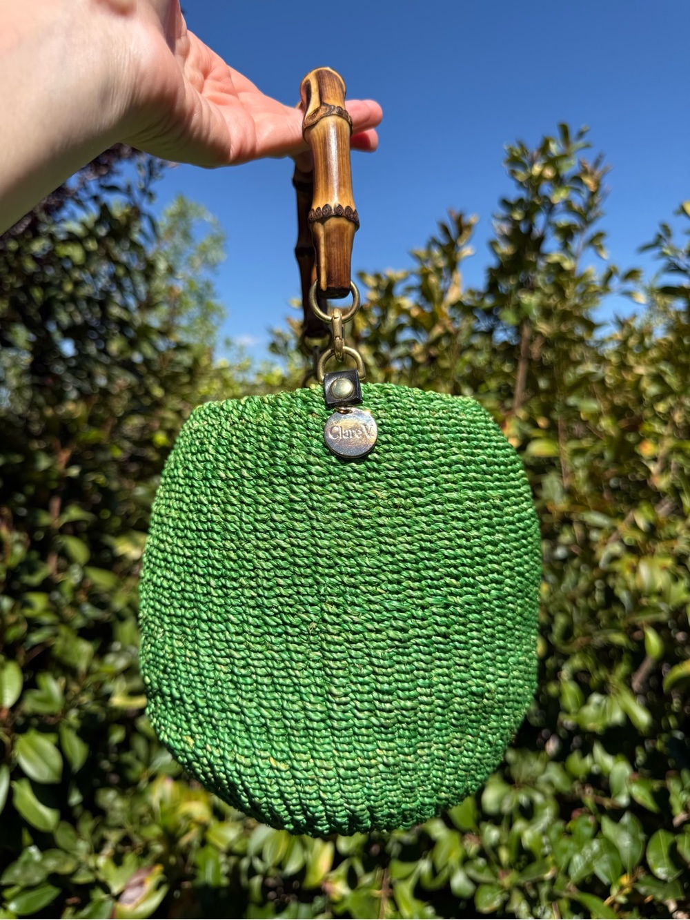 Clare V Pot de Miel green bamboo top handle straw basket bag - Picture 9 of 15